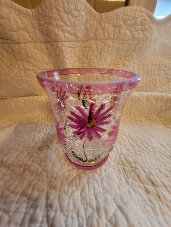 handpained Other - Hand-Painted Pink Floral Crackle Glass Vase